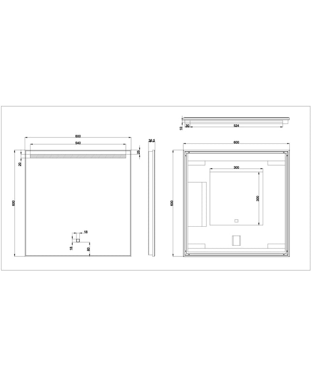 Wiesbaden Ambi One badkamerspiegel LED 60 x 60 cm - technische tekening | Schwertz & Co