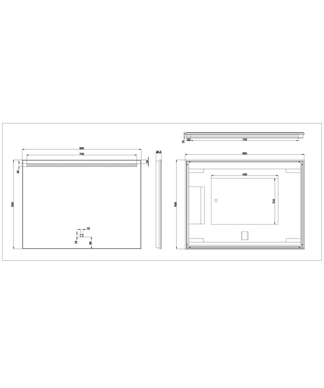 Wiesbaden Ambi One badkamerspiegel 80 x 60 cm met LED - technische tekening | Schwertz & Co