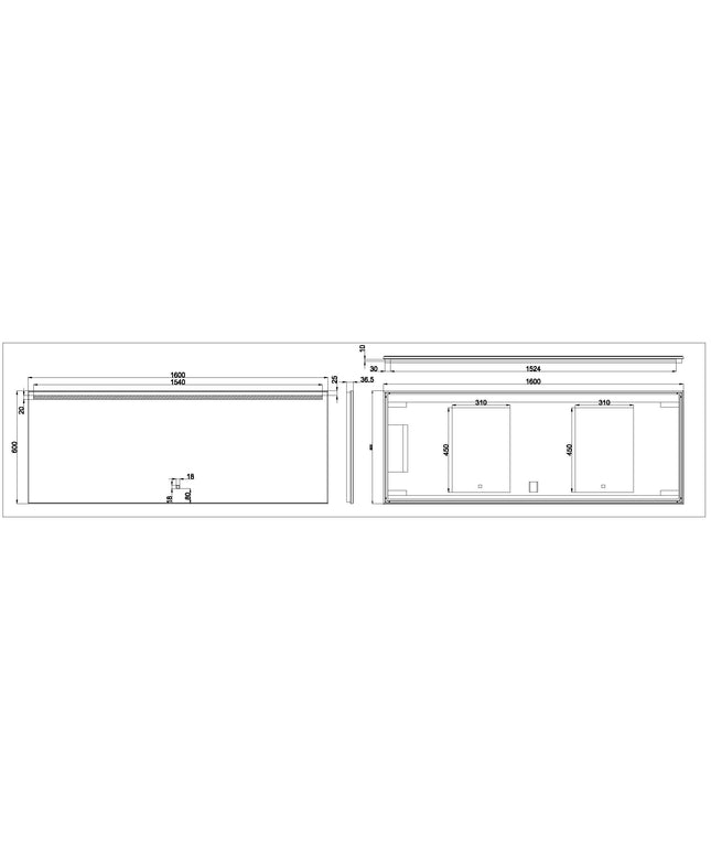 Wiesbaden Ambi One badkamerspiegel LED 160 x 60 cm - technische tekening | Schwertz & Co