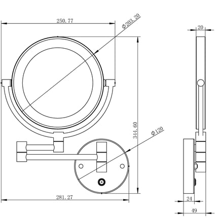 Wiesbaden wandscheerspiegel LED 20 cm mat zwart - technische tekening | Schwertz & Co