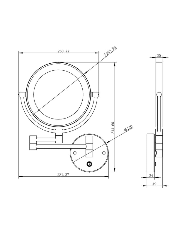 Wiesbaden wandscheerspiegel LED 20 cm mat zwart - technische tekening | Schwertz & Co