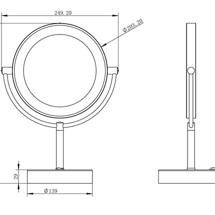 Wiesbaden scheerspiegel staand met LED mat zwart - technische tekening | Schwertz & Co