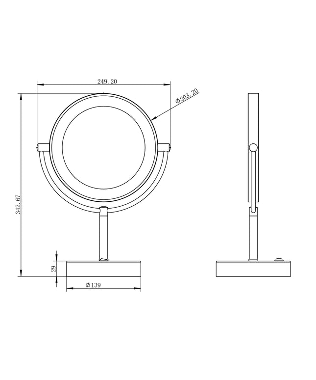 Wiesbaden scheerspiegel staand met LED mat zwart - technische tekening | Schwertz & Co