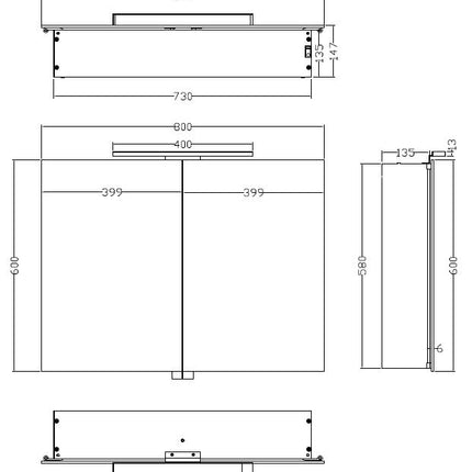 Xellanz Bright spiegelkast met LED 80 cm aluminium - technische tekening | Schwertz & Co