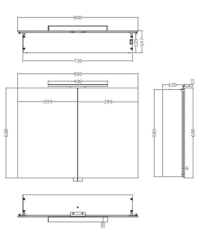 Xellanz Bright spiegelkast met LED 80 cm aluminium - technische tekening | Schwertz & Co