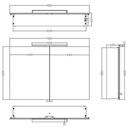 Xellanz Bright spiegelkast met LED 90 cm aluminium - technische tekening | Schwertz & Co