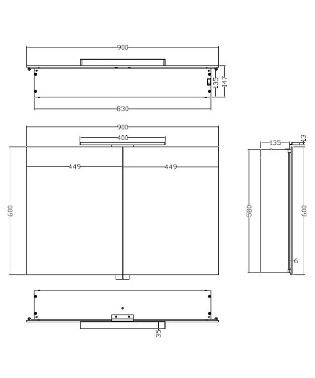 Xellanz Bright spiegelkast met LED 90 cm aluminium - technische tekening | Schwertz & Co