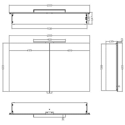 Xellanz Bright spiegelkast met LED 100 cm aluminium - technische tekening | Schwertz & Co