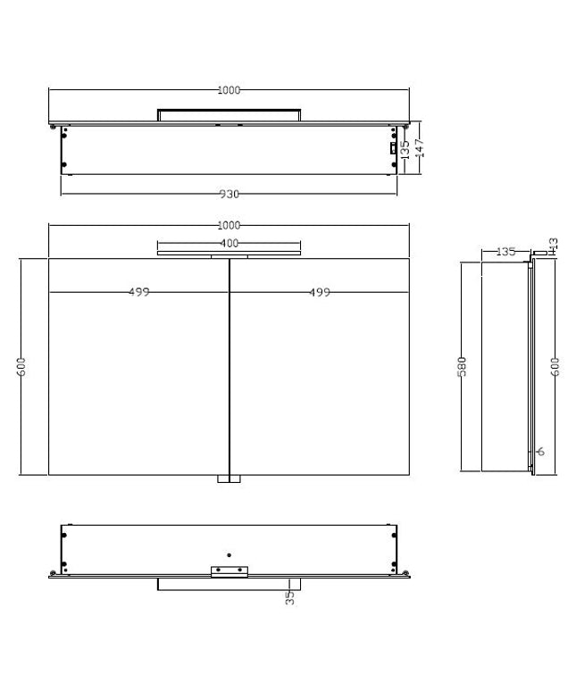 Xellanz Bright spiegelkast met LED 100 cm aluminium - technische tekening | Schwertz & Co
