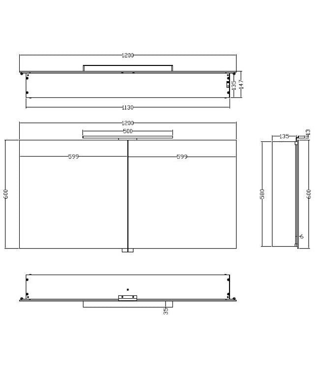 Xellanz Bright spiegelkast met LED 120 cm aluminium - technische tekening | Schwertz & Co