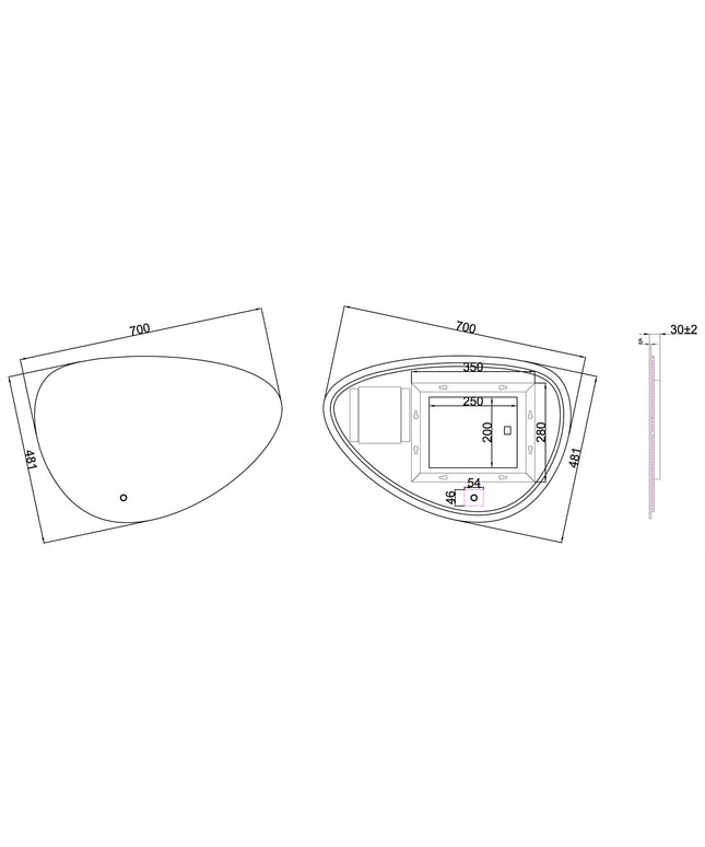 Wiesbaden Uovo ovale spiegel met LED 70 cm - technische tekening | Schwertz & Co