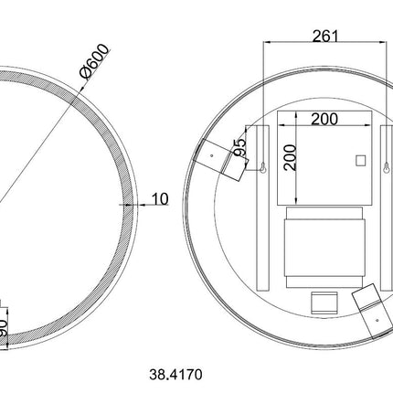 Wiesbaden Maro LED spiegel rond 60 cm mat zwart - technische tekening | Schwertz & Co