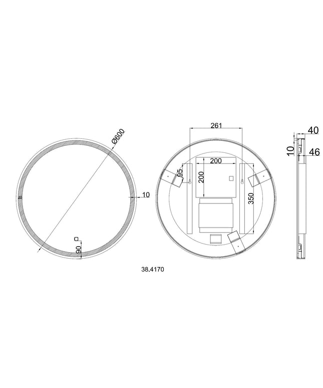 Wiesbaden Maro LED spiegel rond 60 cm mat zwart - technische tekening | Schwertz & Co