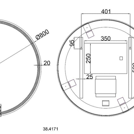 Wiesbaden Maro badkamerspiegel rond 80 cm mat zwart - technische tekening | Schwertz & Co