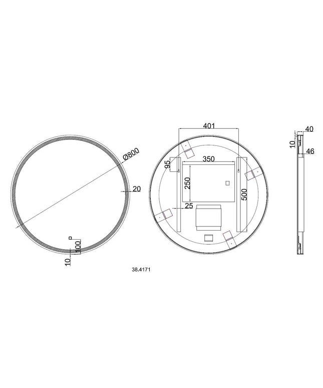 Wiesbaden Maro badkamerspiegel rond 80 cm mat zwart - technische tekening | Schwertz & Co