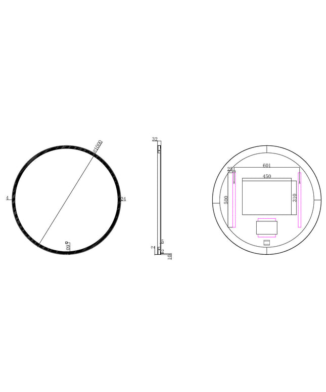 Wiesbaden Maro ronde badkamerspiegel LED 100 cm mat zwart - technische tekening | Schwertz & Co