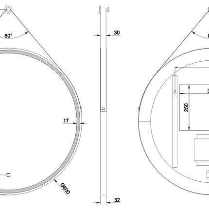 Wiesbaden Cinto badkamerspiegel rond 80 cm mat zwart - technische tekening | Schwertz & Co