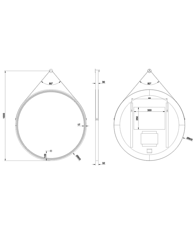 Wiesbaden Cinto badkamerspiegel rond 80 cm mat zwart - technische tekening | Schwertz & Co