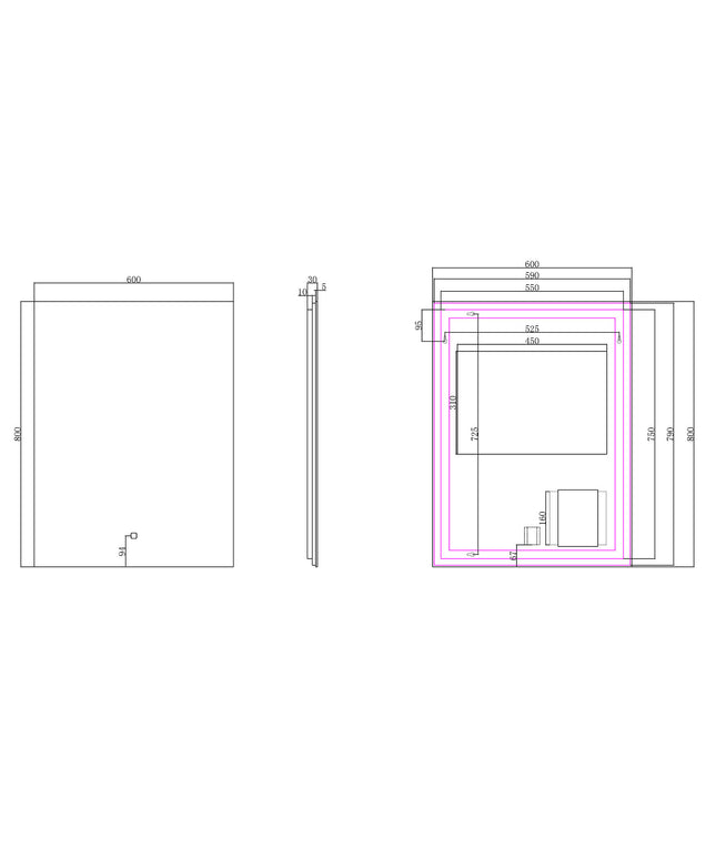 Wiesbaden Soul badkamerspiegel met LED 60 x 80 cm - technische tekening | Schwertz & Co