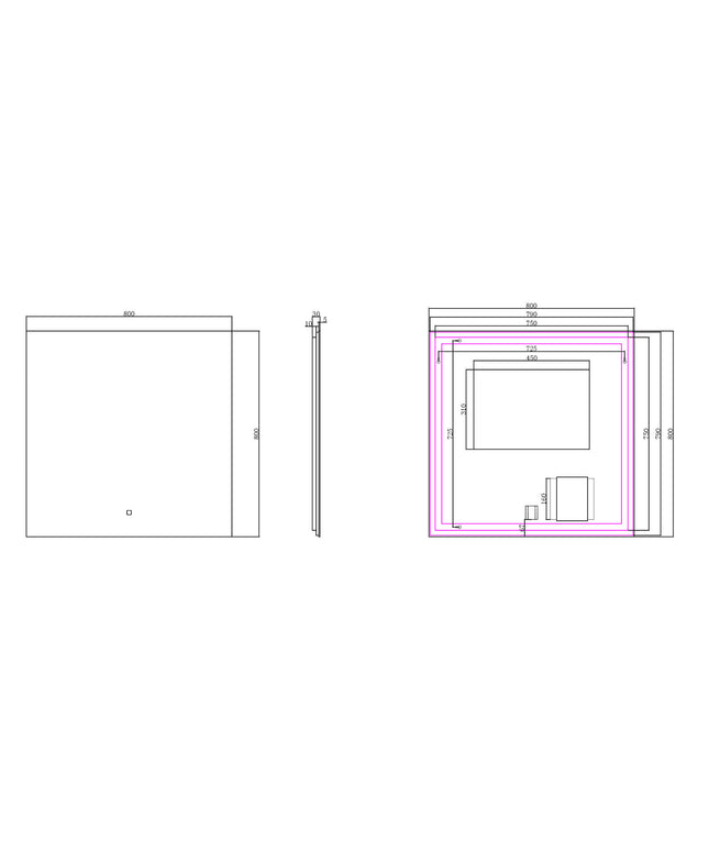 Wiesbaden Soul LED badkamerspiegel vierkant 80 x 80 cm - technische tekening | Schwertz & Co
