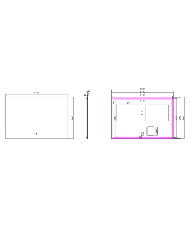Wiesbaden Soul badkamerspiegel met LED 120 x 80 cm - technische tekening | Schwertz & Co