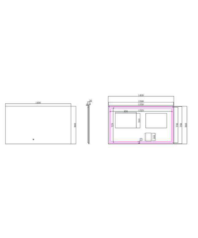 Wiesbaden Soul badkamerspiegel LED 140 x 80 cm - technische tekening | Schwertz & Co