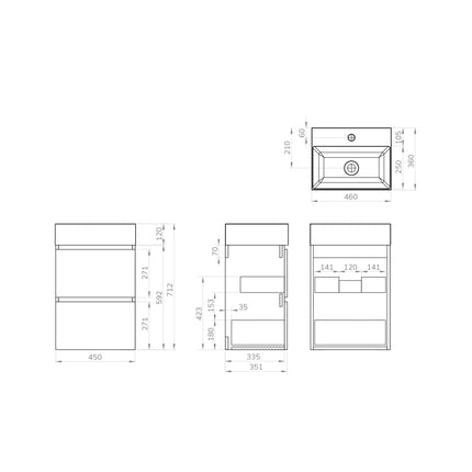 Xellanz Mini badmeubelset 45 cm mat zwart - technische tekening | Schwertz & Co