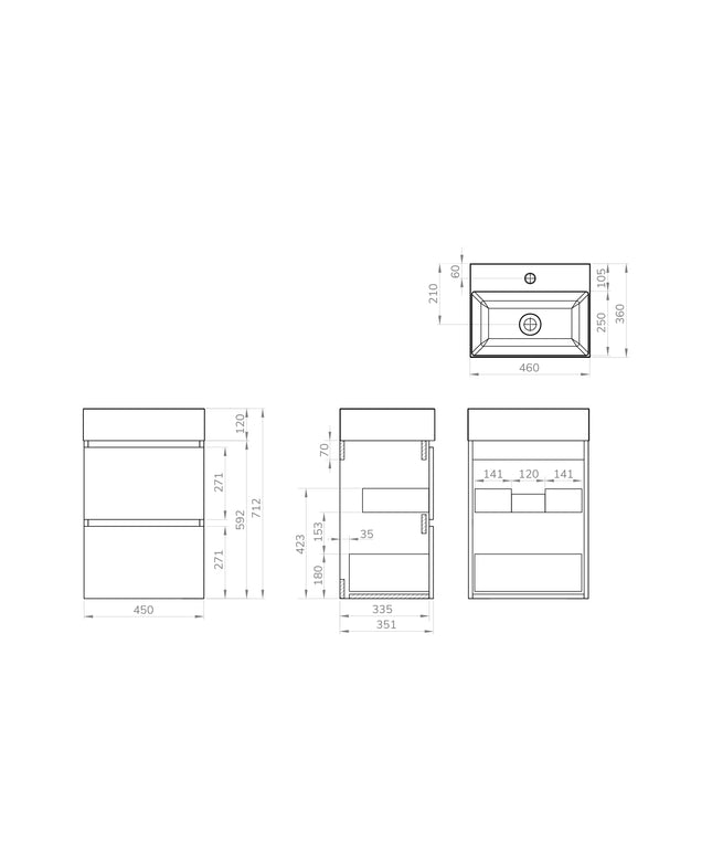 Xellanz Mini badmeubelset 45 cm glans wit - technische tekening | Schwertz & Co