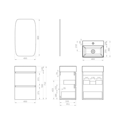 Xellanz Mini badmeubelset 45 cm met spiegel mat zwart - technische tekening | Schwertz & Co