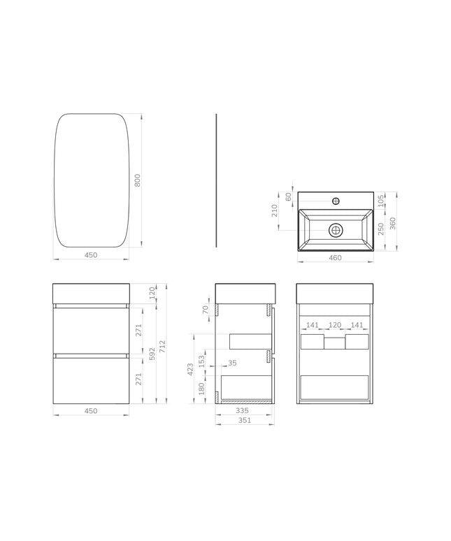 Xellanz Mini badmeubelset 45 cm met spiegel mat zwart - technische tekening | Schwertz & Co