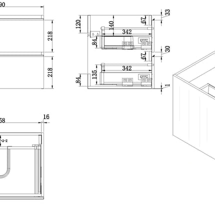 Xellanz Tigris wastafelonderkast 60 cm houtnerf grijs - technische tekening | Schwertz & Co