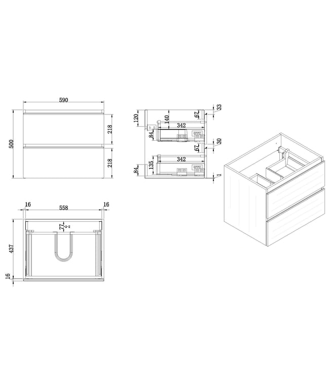 Xellanz Tigris wastafelonderkast 60 cm houtnerf grijs - technische tekening | Schwertz & Co