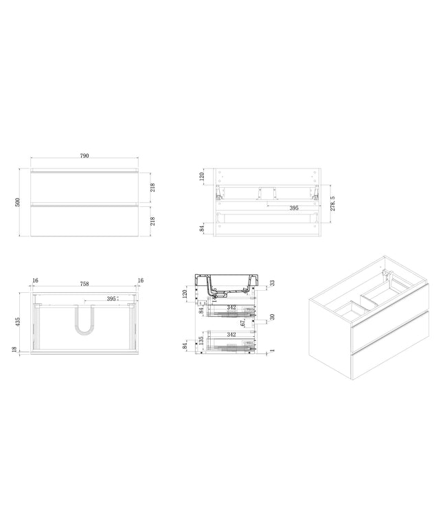 Xellanz Tigris wastafelonderkast 80 cm glans wit - technische tekening | Schwertz & Co