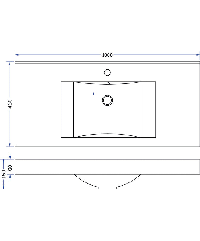 Xellanz Tigris kunstmarmer wastafel 100 cm glans wit - technische tekening | Schwertz & Co