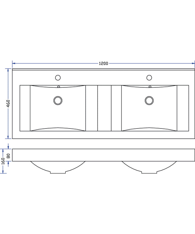 Xellanz Tigris dubbele wastafel 120 x 46 x 8 cm - technische tekening | Schwertz & Co