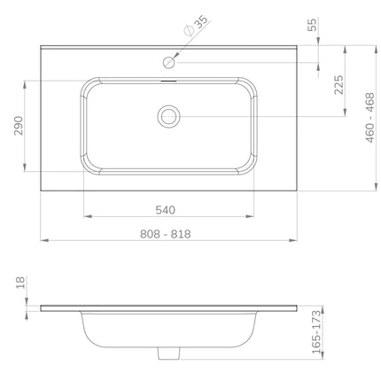 Wiesbaden Bajo wastafel 80 x 46 cm keramiek glans wit - technische tekening | Schwertz & Co
