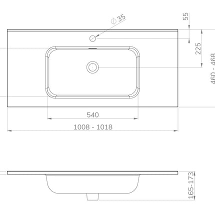 Wiesbaden Bajo keramische wastafel 100 cm mat wit - technische tekening | Schwertz & Co