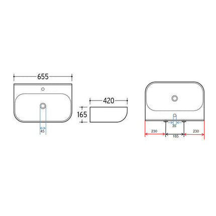 Xellanz Finta vrijhangende wastafel 65,5 cm glans wit - technische tekening | Schwertz & Co