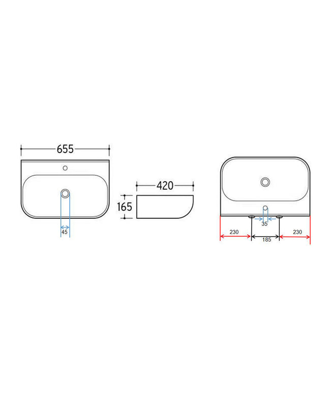 Xellanz Finta vrijhangende wastafel 65,5 cm glans wit - technische tekening | Schwertz & Co
