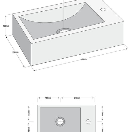 Wiesbaden Matera fonteinset rechts natuursteen zwart - technische tekening | Schwertz & Co