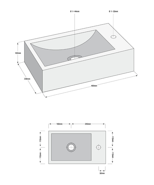 Wiesbaden Matera fonteinset rechts natuursteen zwart - technische tekening | Schwertz & Co