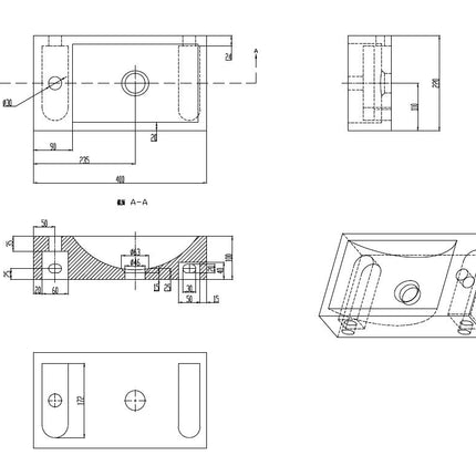 Wiesbaden Raw fontein links 40 x 22 cm hardsteen gezoet - technische tekening | Schwertz & Co