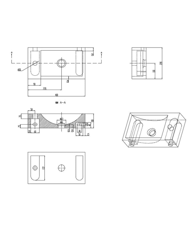 Wiesbaden Raw fontein links 40 x 22 cm hardsteen gezoet - technische tekening | Schwertz & Co