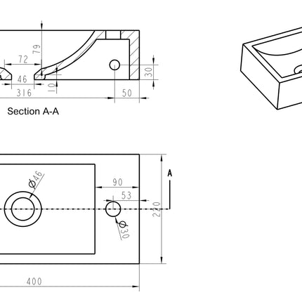 Wiesbaden - Raw fontein rechts 40x22x10 cm hardsteen gezoet - technische tekening