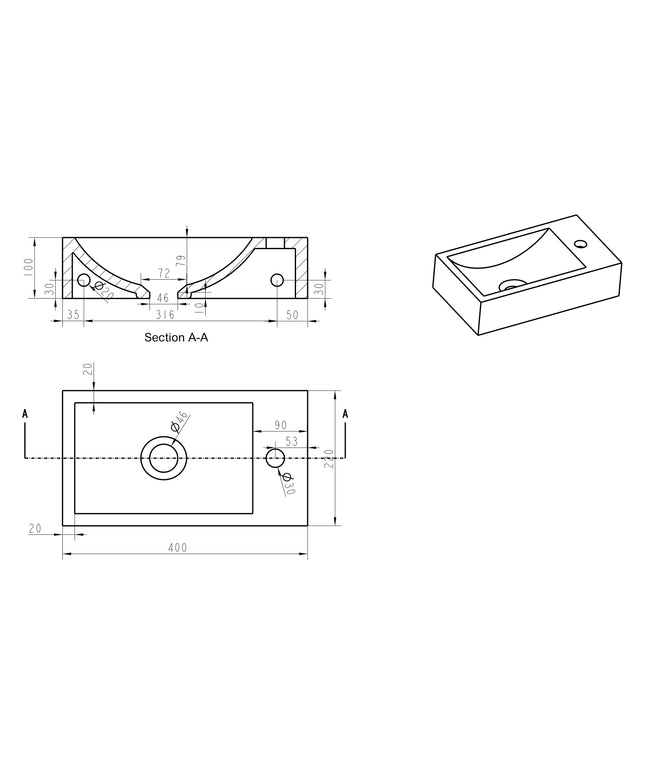 Wiesbaden - Raw fontein rechts 40x22x10 cm hardsteen gezoet - technische tekening