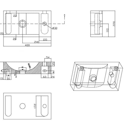 Wiesbaden Raw fontein rechts 40 x 22 cm hardsteen gezoet - technische tekening | Schwertz & Co