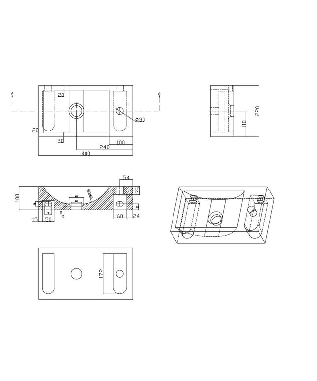 Wiesbaden Raw fontein rechts 40 x 22 cm hardsteen gezoet - technische tekening | Schwertz & Co