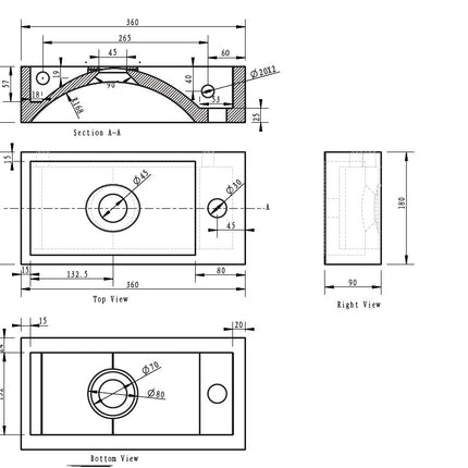Wiesbaden Raw fontein rechts 36 x 18 cm hardsteen gezoet - technische tekening | Schwertz & Co