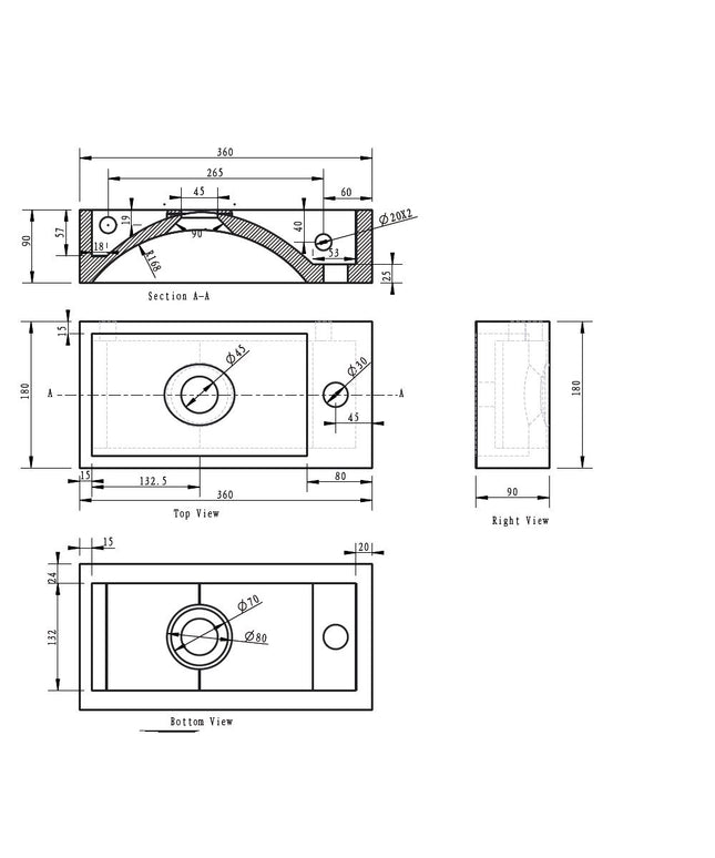 Wiesbaden Raw fontein rechts 36 x 18 cm hardsteen gezoet - technische tekening | Schwertz & Co