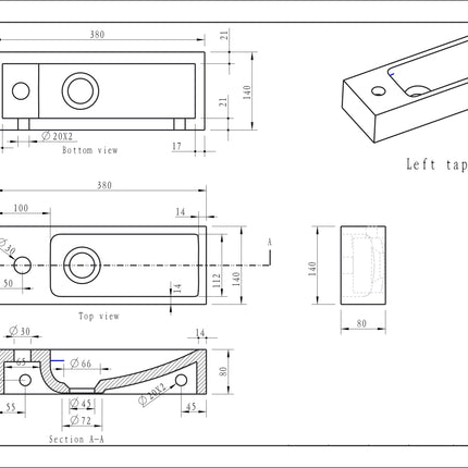 Wiesbaden Raw smalle fontein links 38 x 14 cm hardsteen gezoet - technische tekening | Schwertz & Co